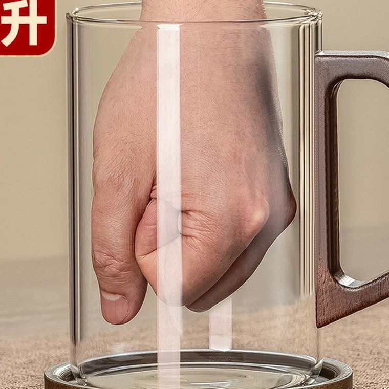 1000ml大容量玻璃杯 木纹把手 细节图1